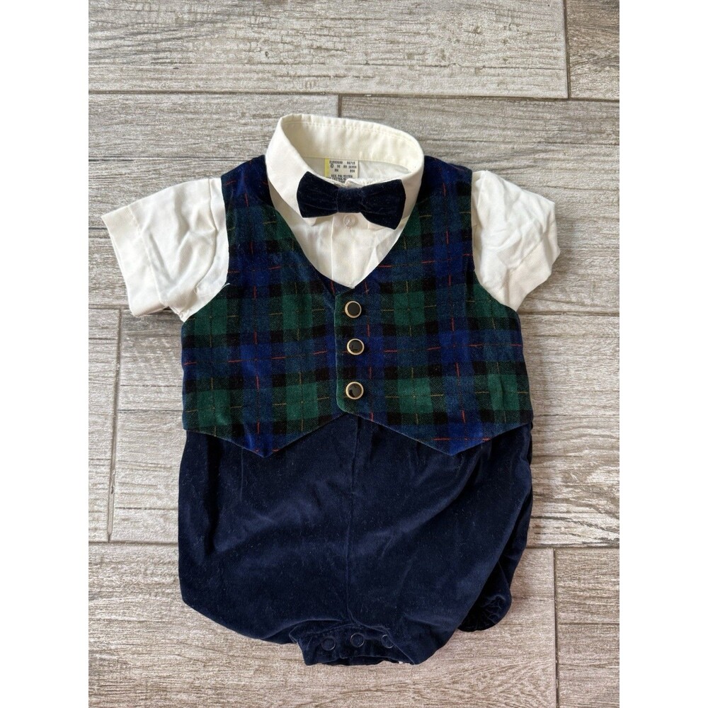 Vintage Long Sleeve Green Plaid Vest Pant Bow And Collar Shirt One Piece 3/6 Mos